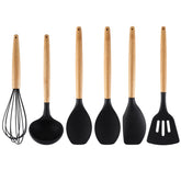 Jogo 6 Talheres De Silicone Pretos Com Cabos Em Bambu Concha Espátulas Colheres E Fouet Yoi